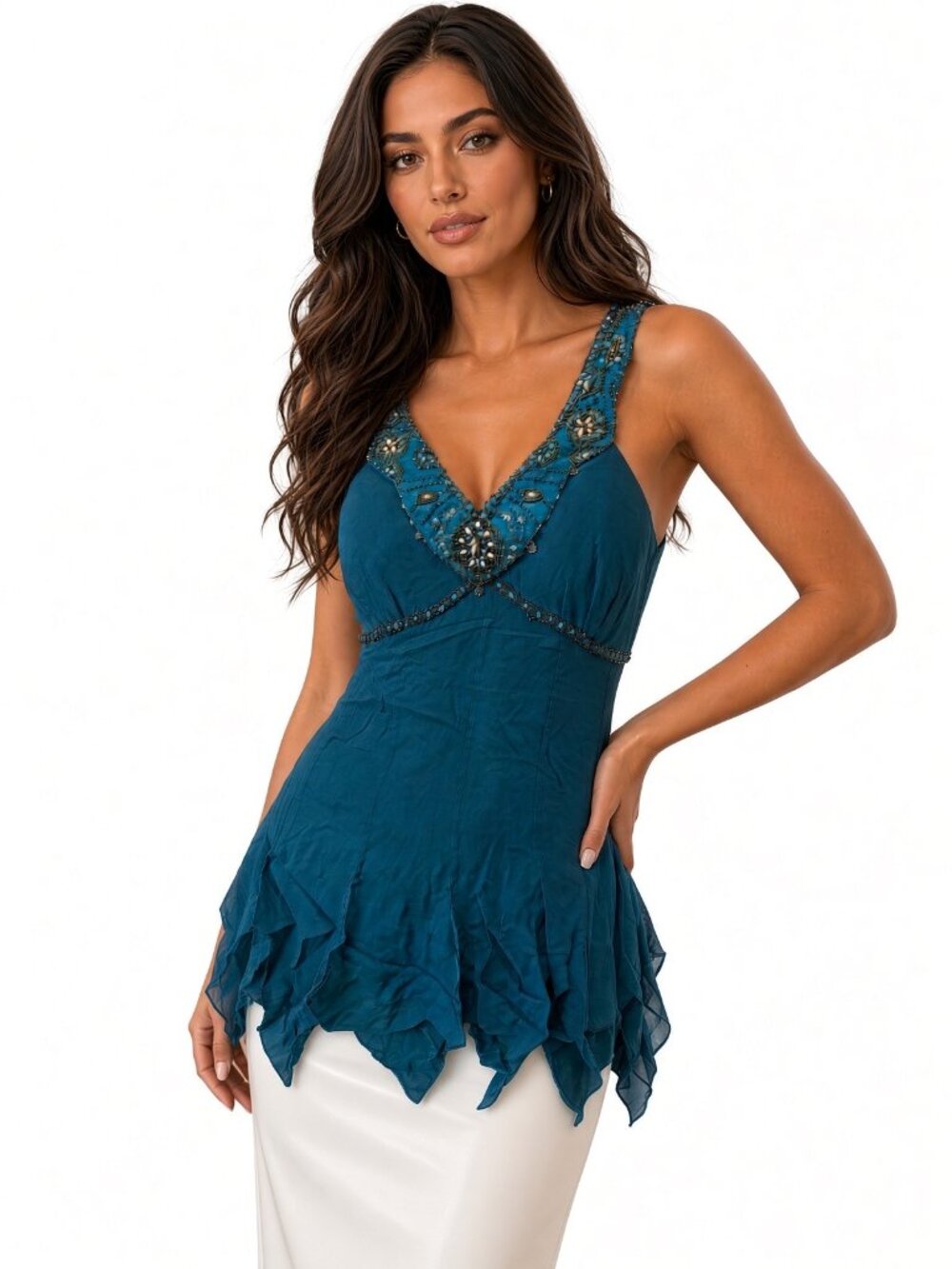 Sue Wong Silk Chifon Y2K Handkerchief Camisole Teal Turqoise Top Deco #26 V neck
